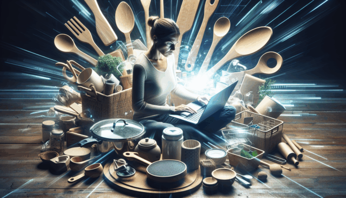 Person using laptop with SEO tools, eco-friendly kitchen utensils, high visibility for "sustainable kitchen tools" on search results.