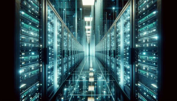 Best Hosting for Multiple Domain Support: Futuristic server room with endless glowing domain servers, symbolizing unlimited hosting capabilities.
