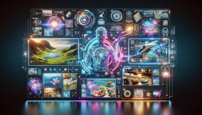 Using AI Chatbots for Interactive Video Experiences: A futuristic interface showing personalized videos with AI chatbot enhancing viewer engagement through travel and cooking shows.