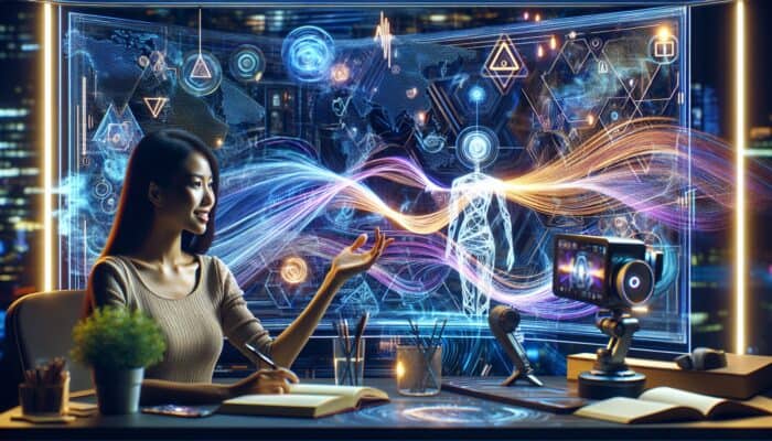 AI chatbot on screen generates scripts for travel vlogger in futuristic studio with maps and equipment.