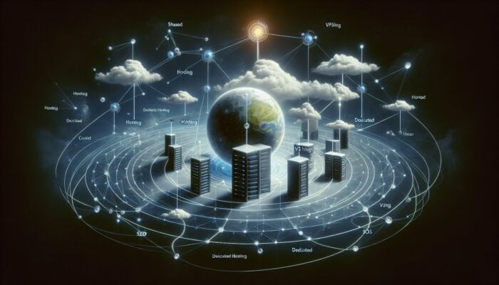 How to Use Content Clusters for Hosting SEO: A digital ecosystem illustrating a content cluster with "Web Hosting" as the central pillar connected to "Shared Hosting," "VPS Hosting," and "Dedicated Hosting" nodes.