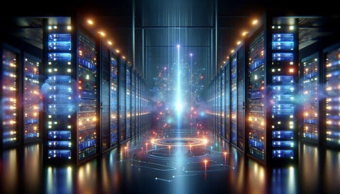 Futuristic data center with servers and holograms, showing AI accessing and analyzing data in real-time.