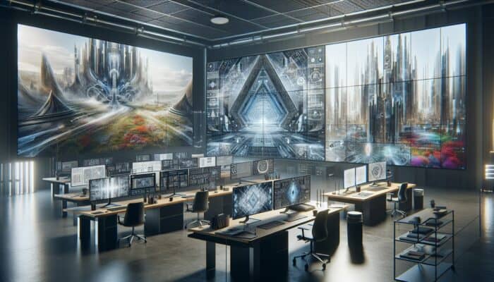 A modern workspace with screens showing architectural and landscape images in WebP, browser compatibility charts, and fallback options.