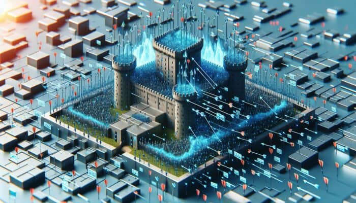 A fortress under siege by arrows, symbolizing a DDoS attack overwhelming a server.