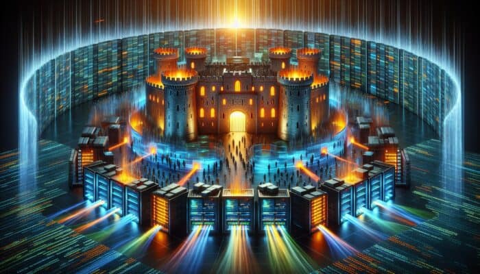 A digital fortress with multiple security layers defending against malicious traffic.