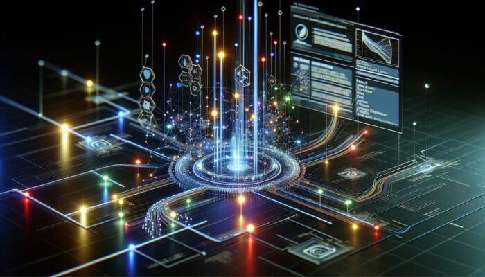 A futuristic digital network with nodes and data streams, highlighting advanced traffic filtering systems distinguishing legitimate from malicious traffic.