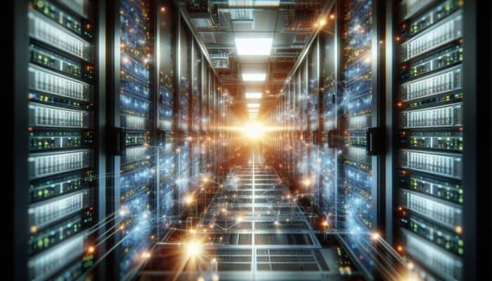 Why Clustered Hosting Ensures Uptime: A network of interconnected servers in a high-tech data center, ensuring uninterrupted service for an online enterprise.