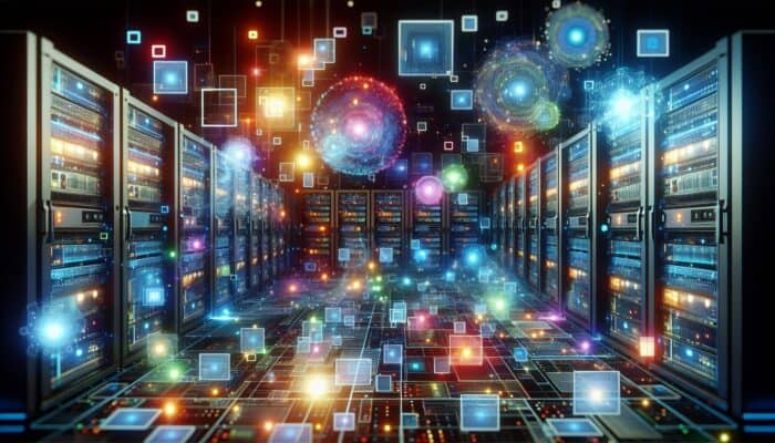 A digital server room with servers, graphs, and membership site interfaces on screens showing bandwidth and storage data.