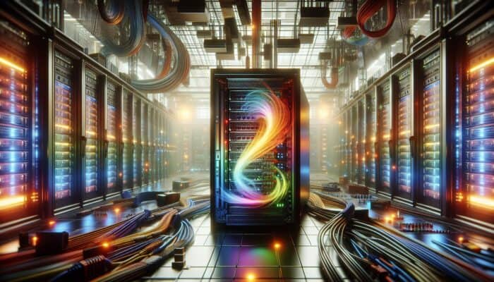 A high-tech server room with a glowing bare-metal server, cables, and cooling systems.