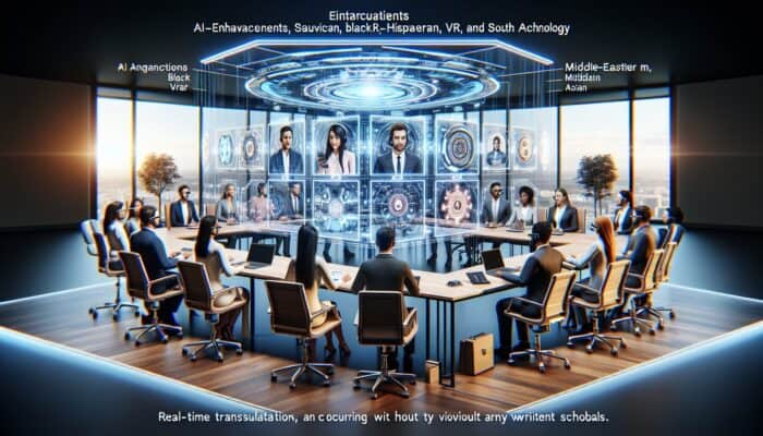 Futuristic video conference with AI, VR, and AR, showing professionals in an immersive 3D environment.