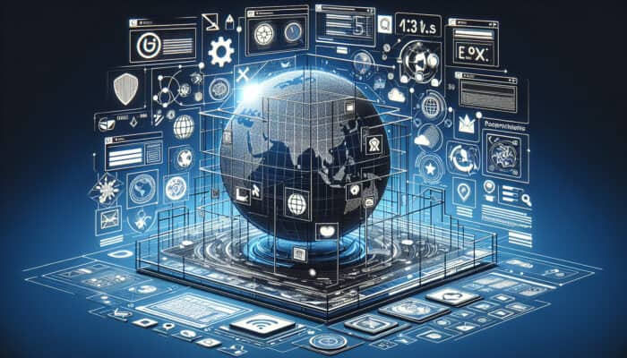 Modern landing page blueprint with hierarchical headers, intuitive navigation paths, responsive designs on various devices, and global interconnected icons.