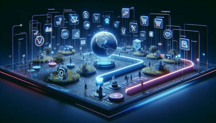 Futuristic digital interface with glowing search bar linking Amazon and Alibaba, showing diverse users accessing products seamlessly.