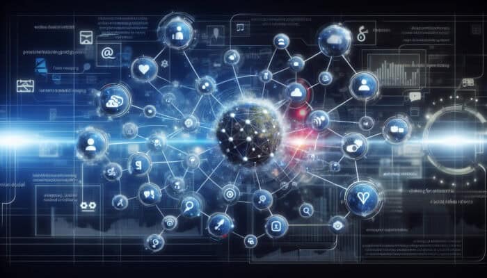Futuristic digital dashboard with interconnected nodes of Facebook, Twitter, and Instagram icons linked to HubSpot and CRM, showing data streams for seamless integration and social media ROI tracking.