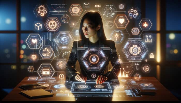 Digital strategist at a sleek desk with holographic screens showing metrics, graphs, content, icons, and community networks in a futuristic setting.