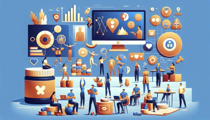 A vibrant community of health enthusiasts in a modern hub, engaging in webinars, sharing supplements, and earning badges for challenges.