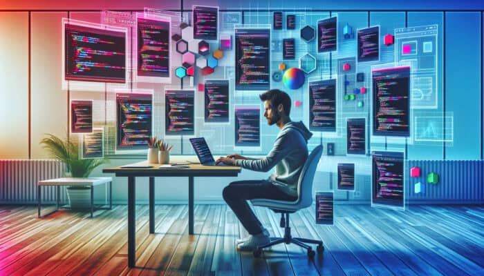 Web developer coding responsive designs on a laptop with floating CSS grids and Bootstrap elements, as mobile devices show adaptations in a tech studio.