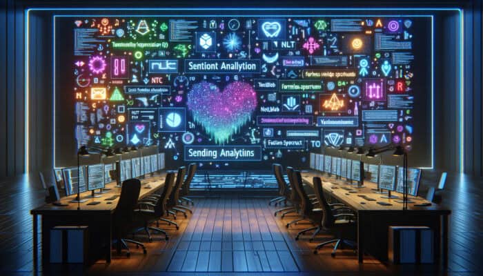 Futuristic digital workspace with screens showing NLTK, TextBlob, and VADER code, vibrant emotion graphs, and neon-lit data streams.