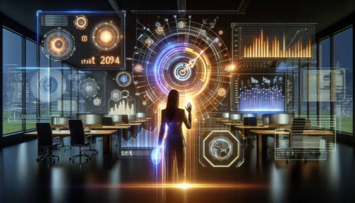Futuristic AI hologram displays rising SEO rankings, data analysis, and content outlines in a high-tech office with focused marketer and digital graphs.
