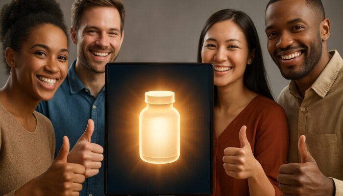 Diverse people smiling and giving thumbs-up around a glowing supplement bottle on a digital screen.