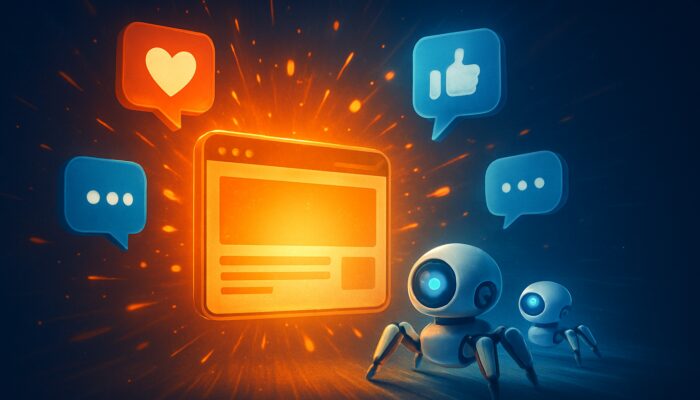 Vibrant digital scene of social media icons exploding around a glowing website, with search bots indexing for viral SEO growth.
