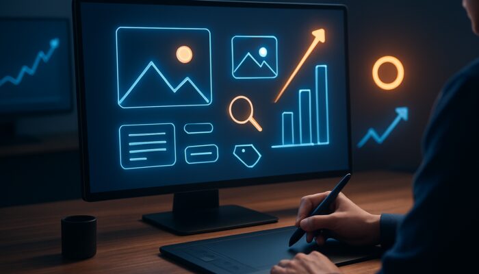 Designer optimizing images with alt text, SEO tags, and icons, amid glowing Google search graphs and rising arrows.