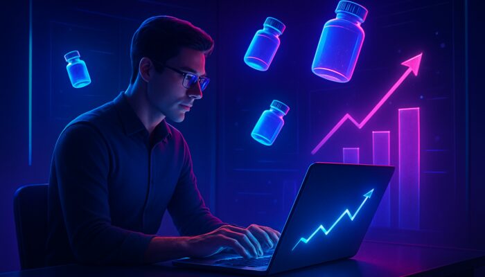 Futuristic marketer optimizing Amazon supplement ads on glowing laptop with floating vitamins and rising graphs