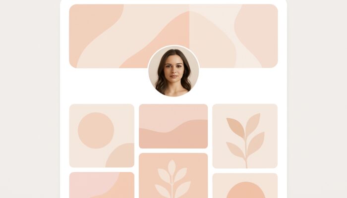 Elegant Pinterest profile with professional headshot, minimalist cover, bio, and cohesive pastel pins.