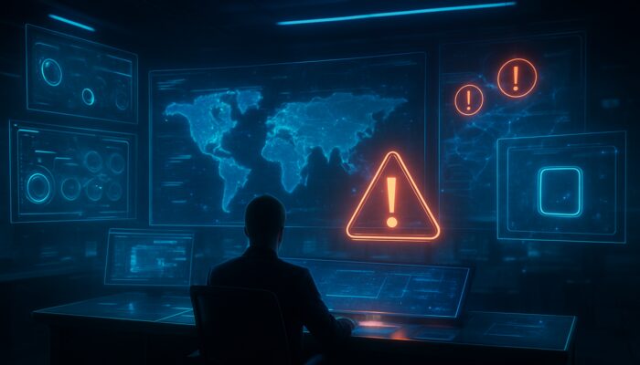 Futuristic command center with glowing holographic dashboards showing real-time competitor alerts and product launches in blue light.