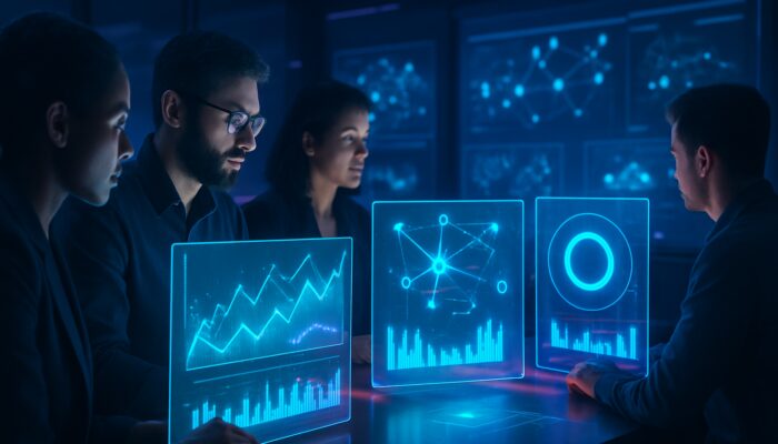 Analysts reviewing holographic SEO charts of search trends and engagement metrics in a digital command center.