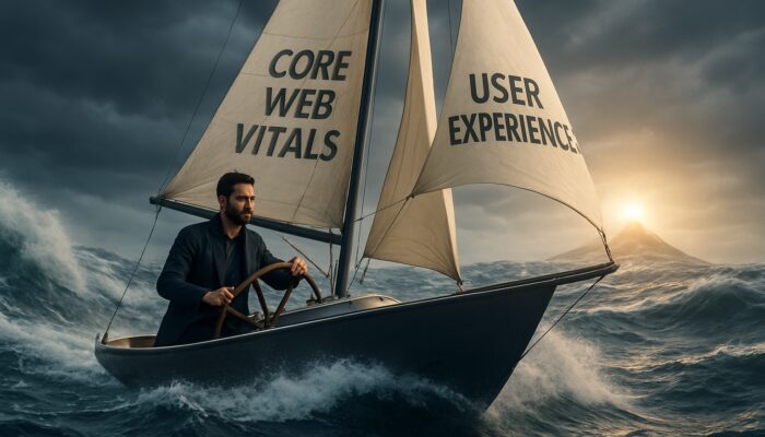 SEO strategist navigating digital ship with Core Web Vitals sails toward Google rankings summit