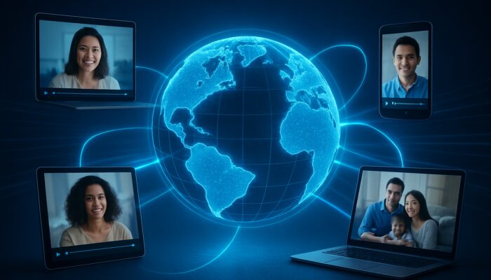 Glowing digital globe with seamless video streams on diverse global devices for buffer-free hosting