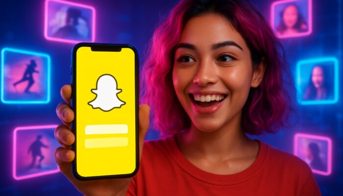 Vibrant young creator holds glowing smartphone showing Snapchat setup with floating neon short video clips.