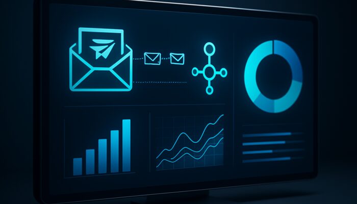 Sleek email marketing dashboard with CRM integrations, automated campaigns, and vibrant analytics charts.