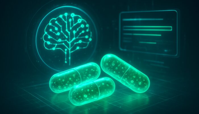 Futuristic AI neural network synthesizing holographic data on glowing probiotic capsules for gut health search snippets.