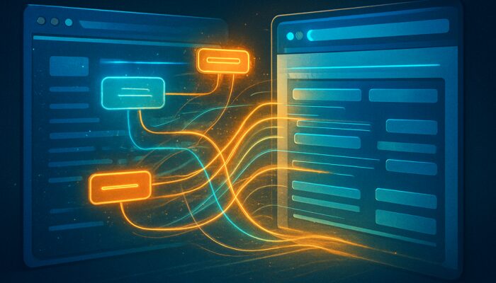 Glowing schema tags weaving through web content into sparkling rich search results